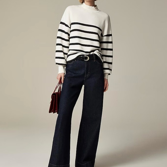 J. Crew Women's Nautical Terry Mock Neck Black & White Stripe Sweater Size Small - Picture 2 of 7